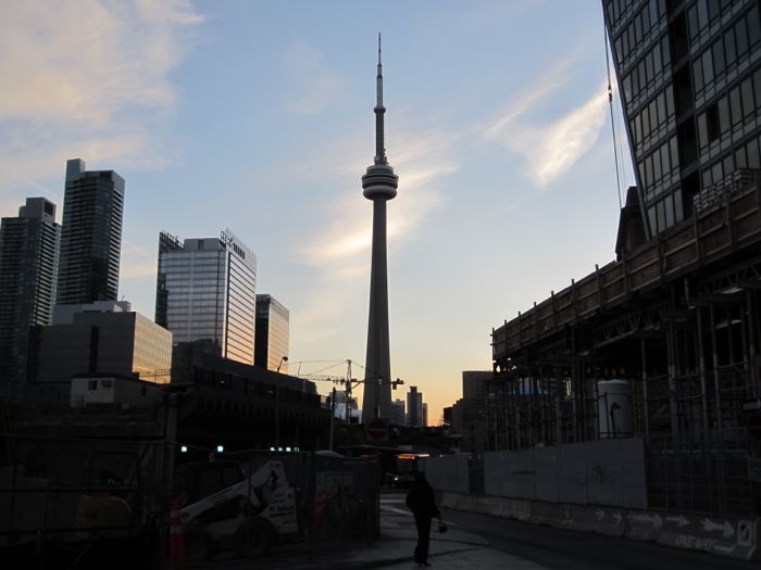 A view of the CN Tower in Toronto as the sun begins to set