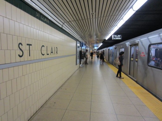 An arriving train in the St. Clair Station of the Toronto Subway