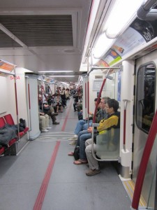 There are no dividers between the cars in the subway trains in Torontos