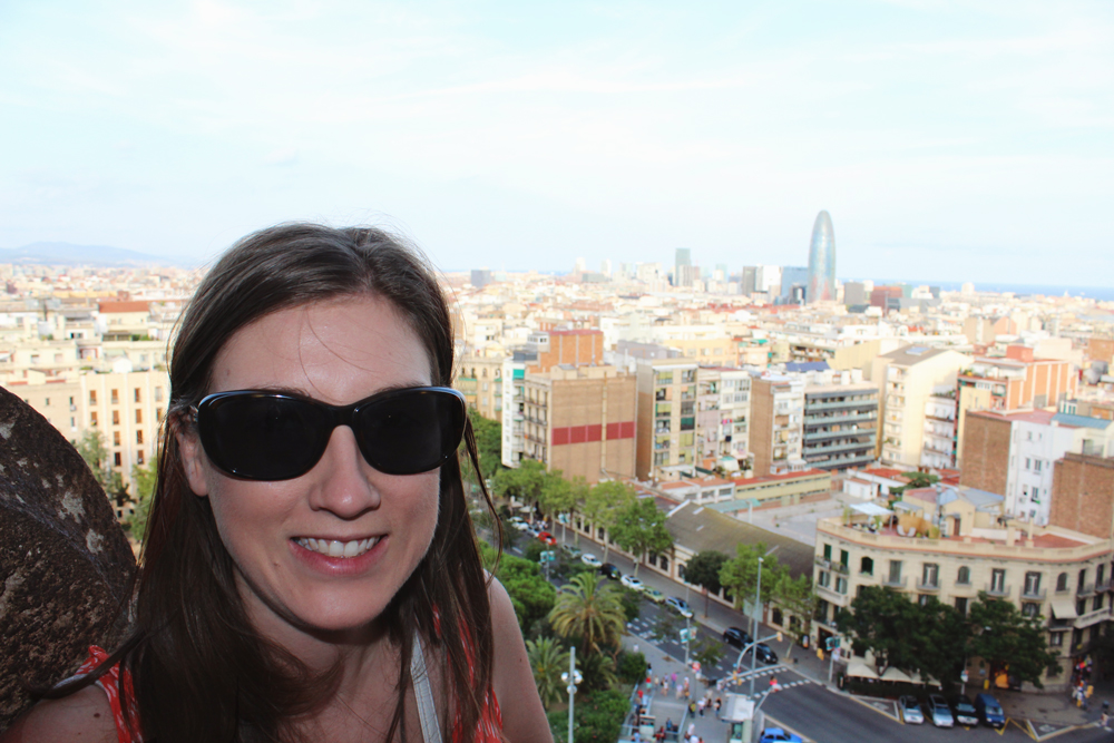 Nicole in Sagrada Familia Tower Looking Over Barcelona