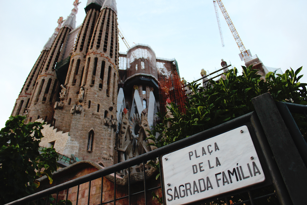 Sagrada Familia Exterior with Street Sign